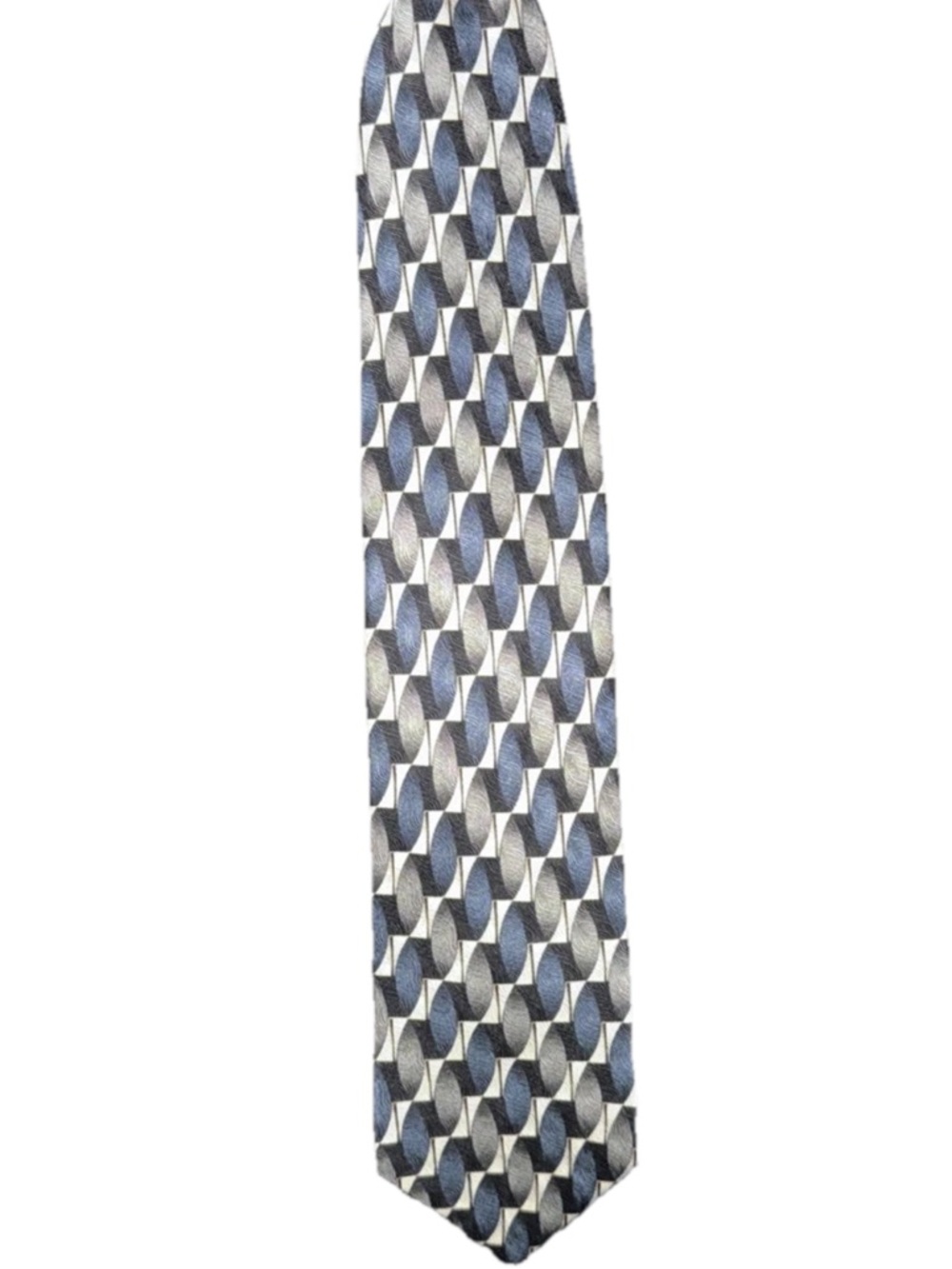 Umo Lorenzo Men’s Neck Zipper Tie Geometric Cream Blue & Gray Pattern 100% Silk